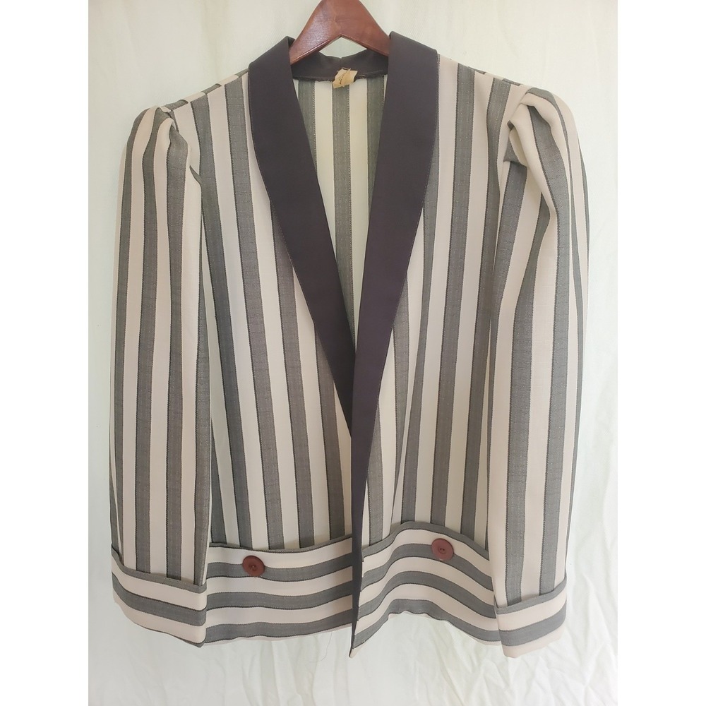 Vintage ILGWU Union Made Striped Blazer Shawl Collar Puff Shoulder Grey Cream 16